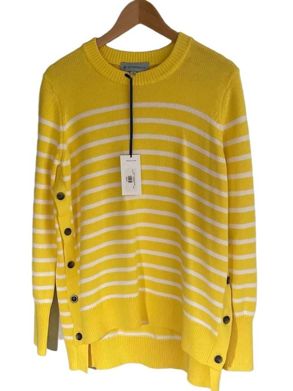Tuckernuck Yellow Ivory Striped Crewneck Sweater with Side Button Detail
